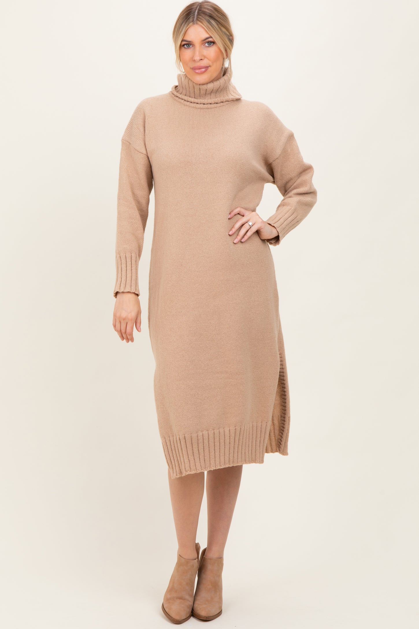 Camel Turtleneck Chunky Knit Maternity Midi Sweater Dress