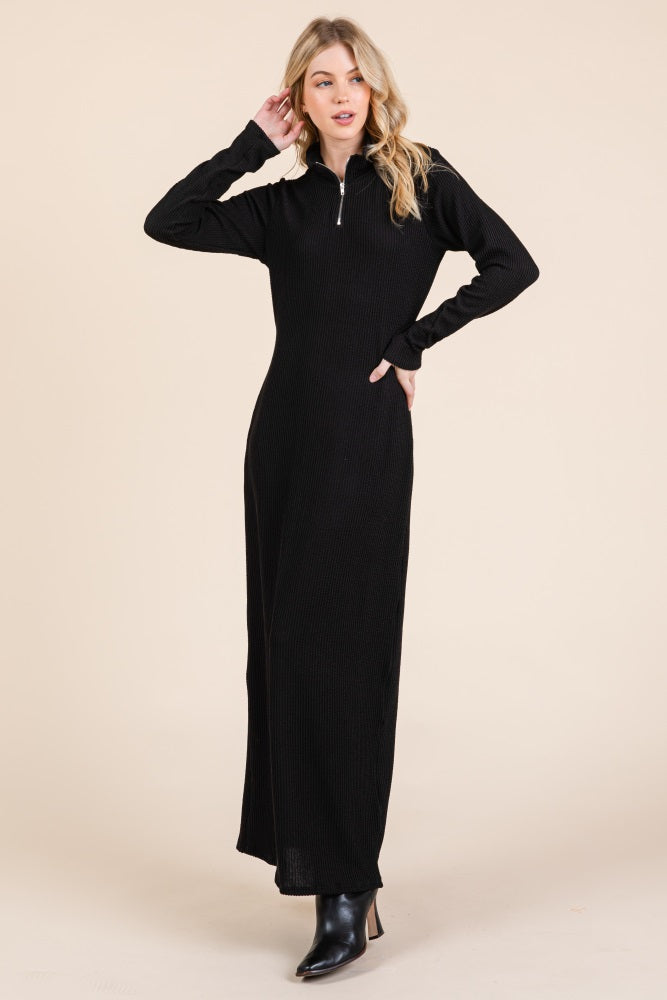Black Textured Rib Quarter Zip Maxi Dress