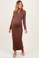 Brown Textured Rib Quarter Zip Maternity Maxi Dress