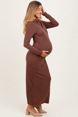 Brown Textured Rib Quarter Zip Maternity Maxi Dress