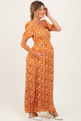 Orange Floral Puff Sleeve Side Slit Maternity Midi Dress