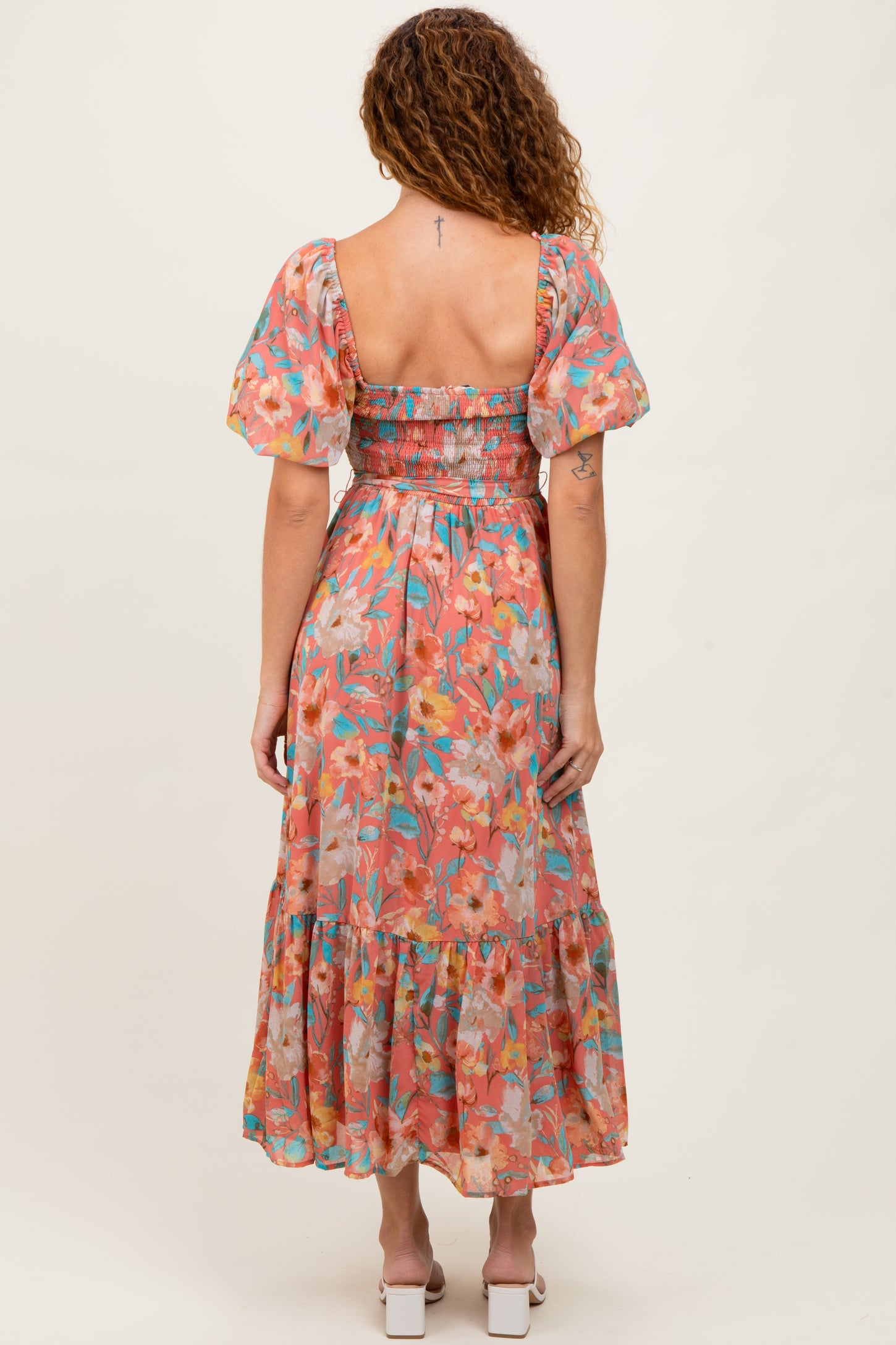 Pink Floral Smocked Puffed Sleeve Midi Dress