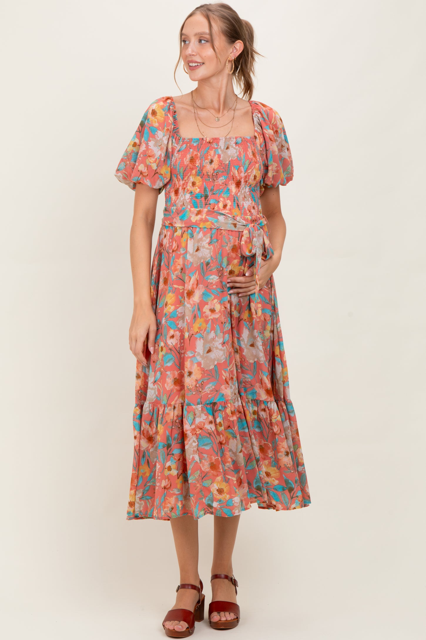 Pink Floral Smocked Puffed Sleeve Maternity Midi Dress