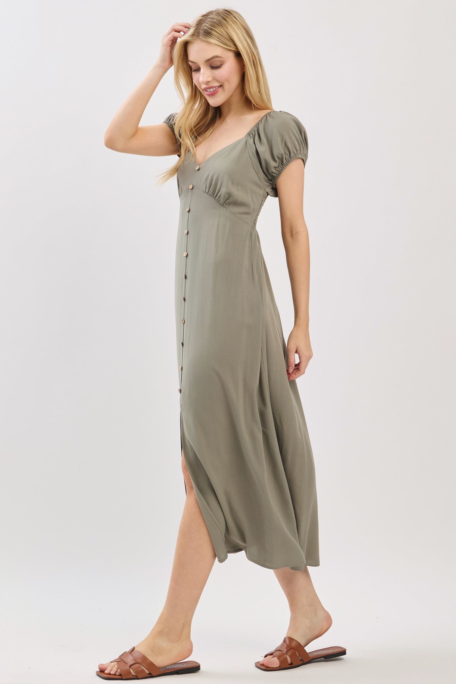 Olive Button Accent Front Slit Midi Dress