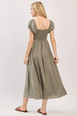 Olive Button Accent Front Slit Midi Dress