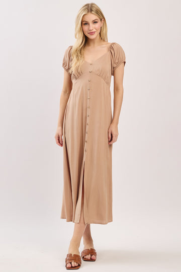 Camel Button Accent Front Slit Midi Dress