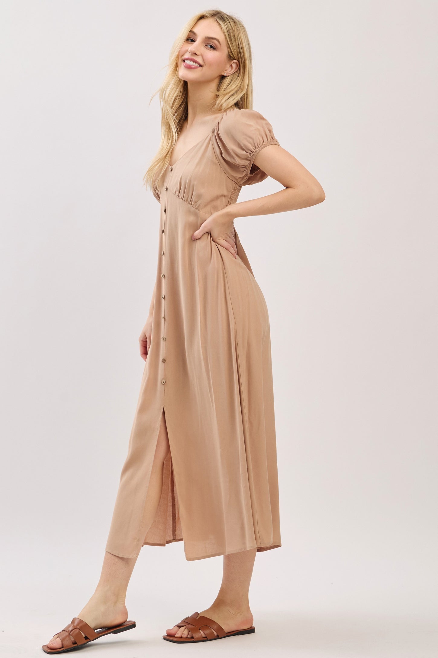 Camel Button Accent Front Slit Midi Dress