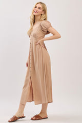 Camel Button Accent Front Slit Midi Dress