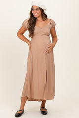 Camel Button Accent Front Slit Maternity Midi Dress