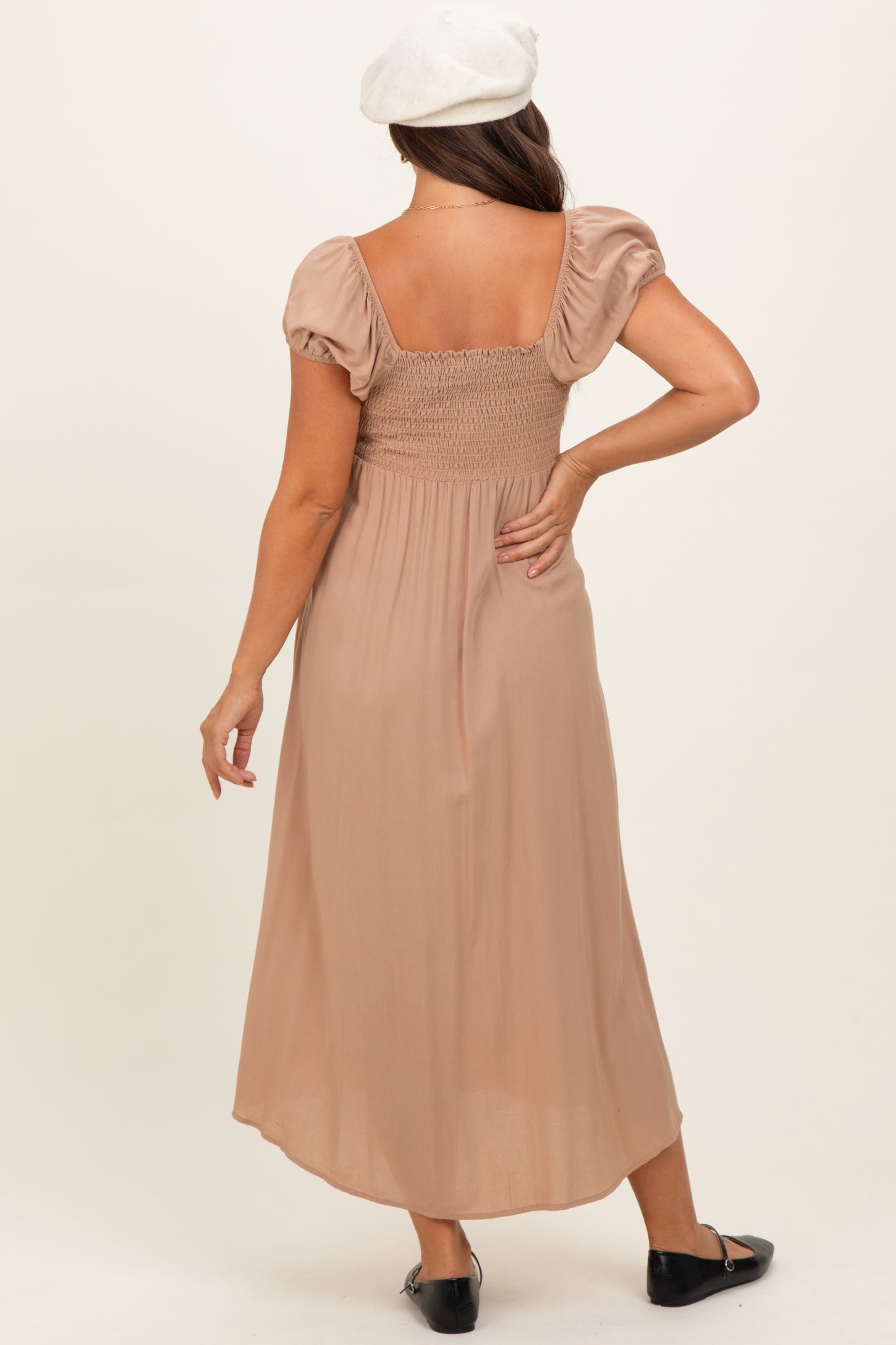 Camel Button Accent Front Slit Maternity Midi Dress