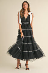 Black Shoulder Bow Tie Lace Detail Tulle Midi Dress