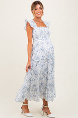 Blue Floral Smocked Tiered Maternity Maxi Dress