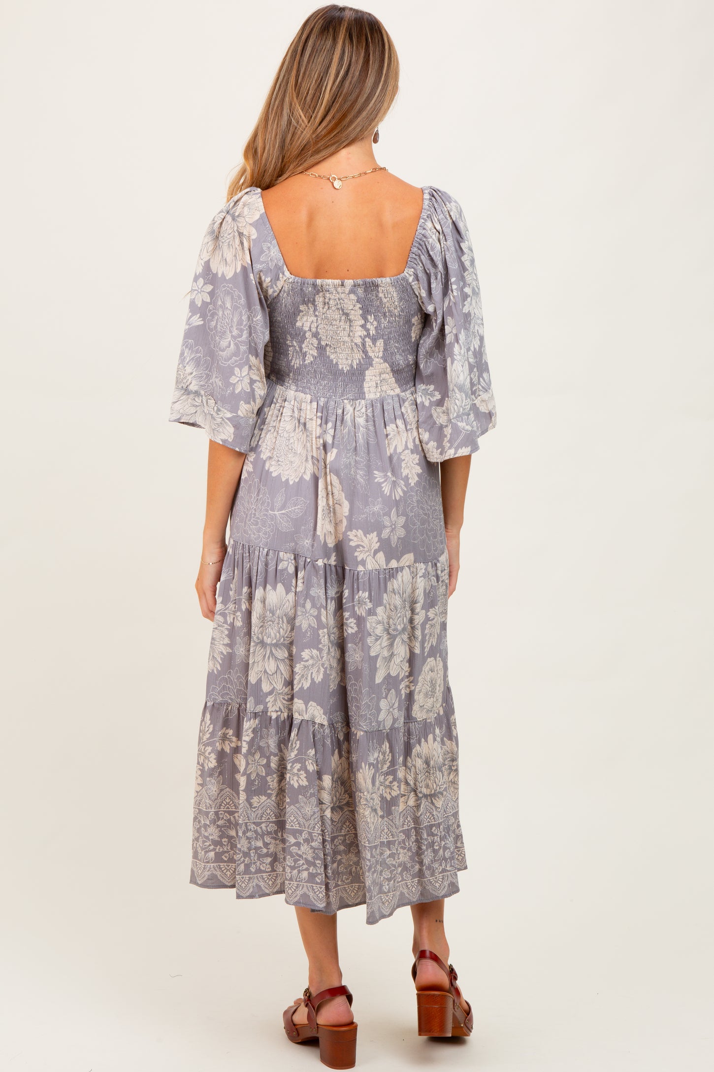 Light Grey Floral Twisted Front Tiered Maternity Midi Dress