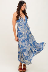 Blue Floral Cutout Tie Back Midi Dress