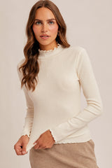 Ivory Lettuce Edge Mock Neck Long Sleeve Rib Maternity Top