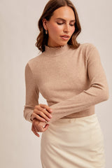 Mocha Lettuce Edge Mock Neck Long Sleeve Rib Maternity Top