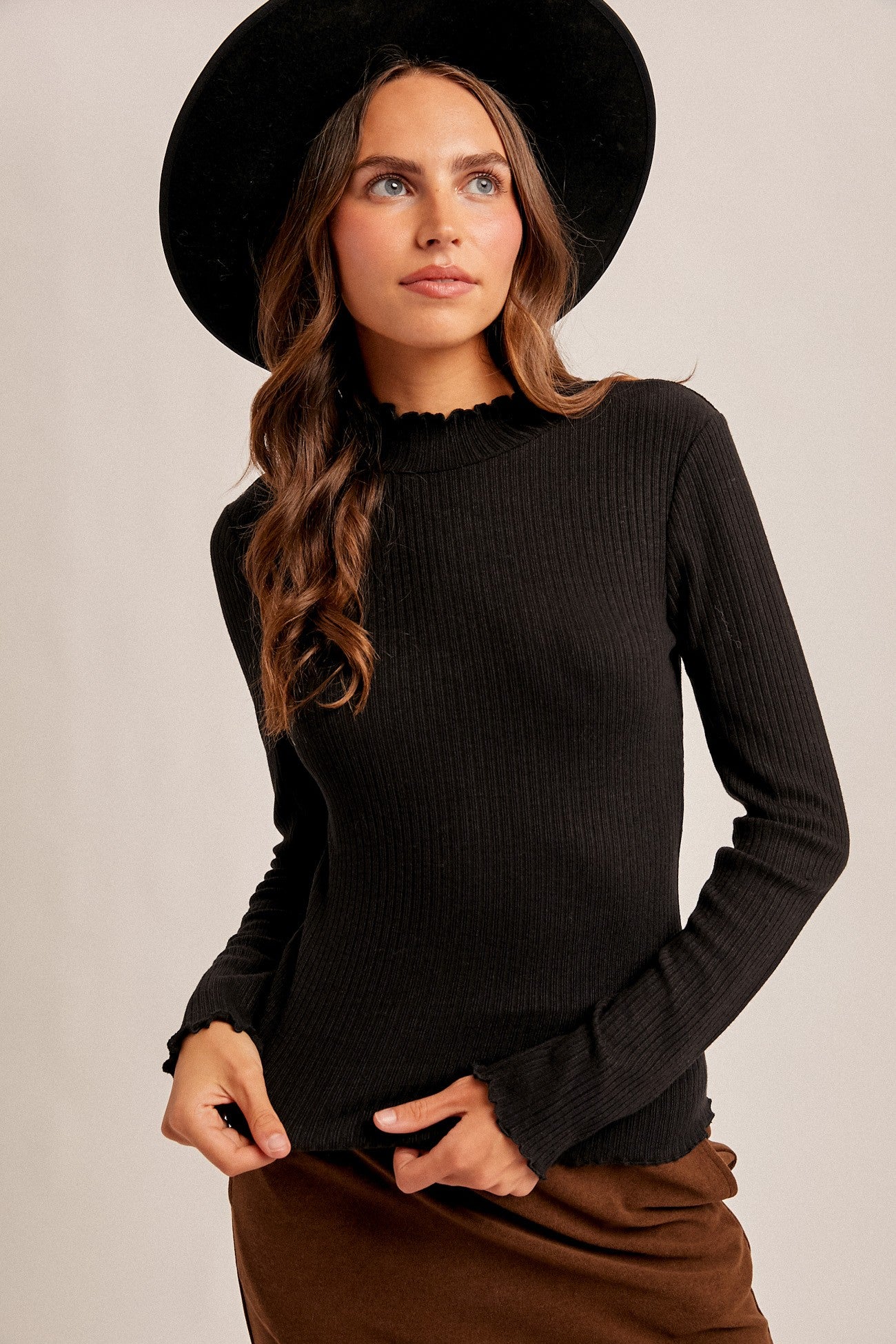 Black Lettuce Edge Mock Neck Long Sleeve Rib Top
