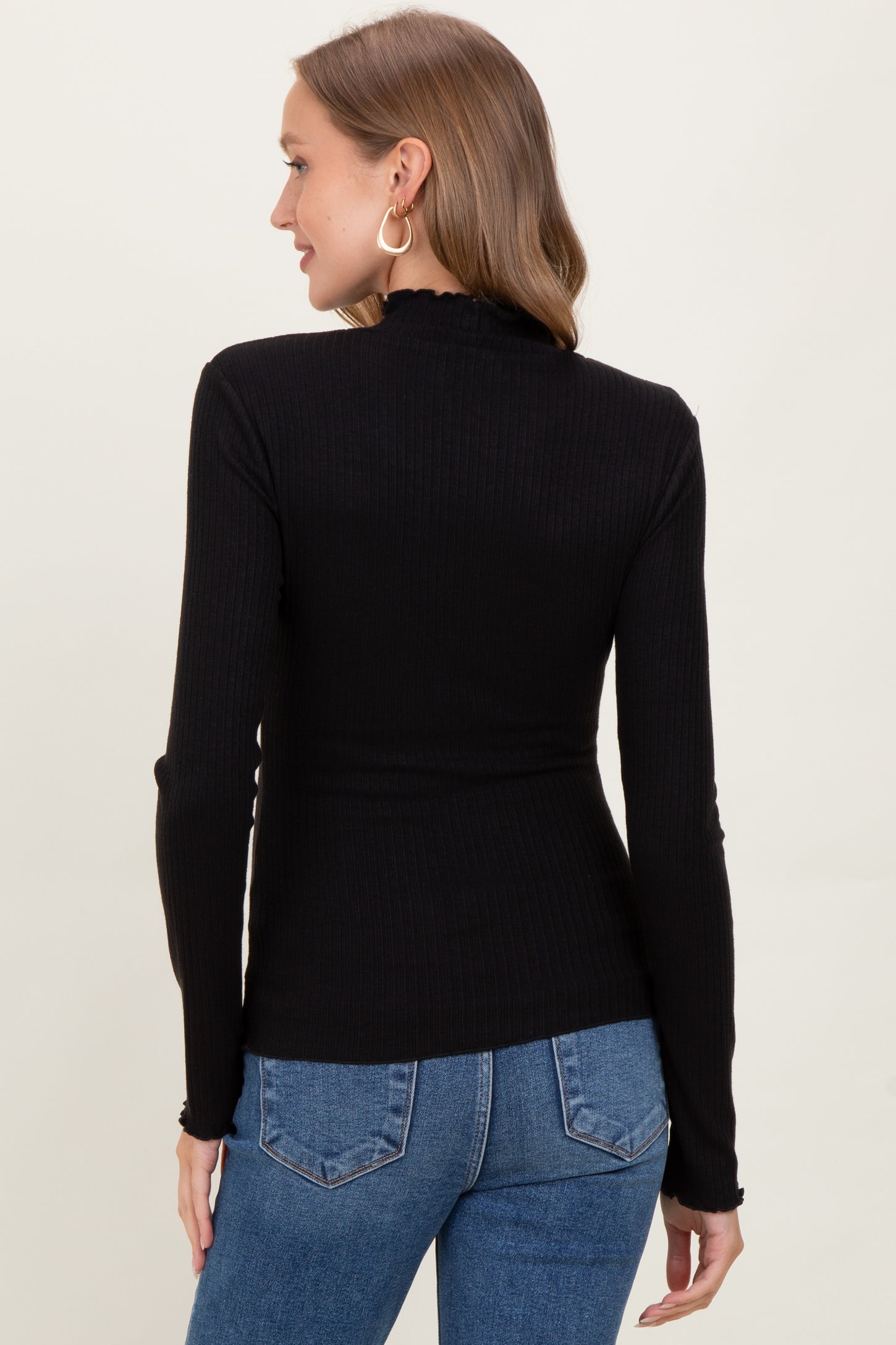 Black Lettuce Edge Mock Neck Long Sleeve Rib Maternity Top