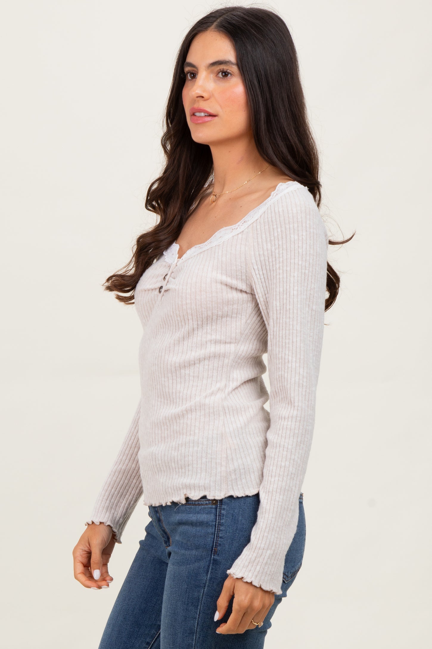 Beige Brushed Rib Lace Trimmed Henley Top
