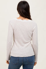 Beige Brushed Rib Lace Trimmed Henley Top