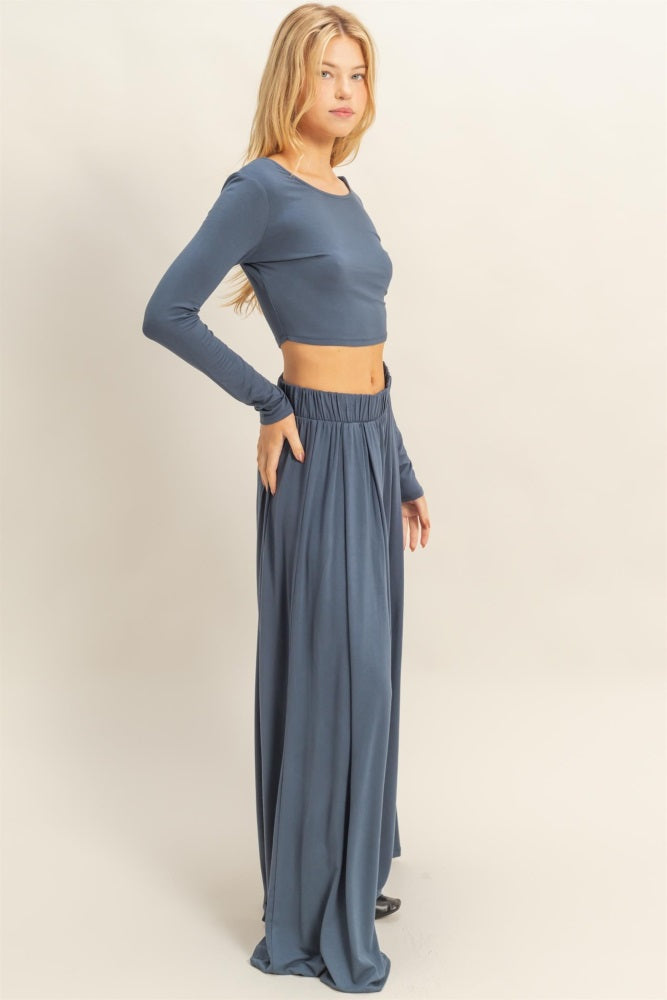 Blue Long-Sleeve Crop Top And Maxi Pants Set