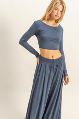 Blue Long-Sleeve Crop Top And Maxi Pants Set