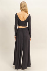 Black Long-Sleeve Crop Top And Maxi Pants Set