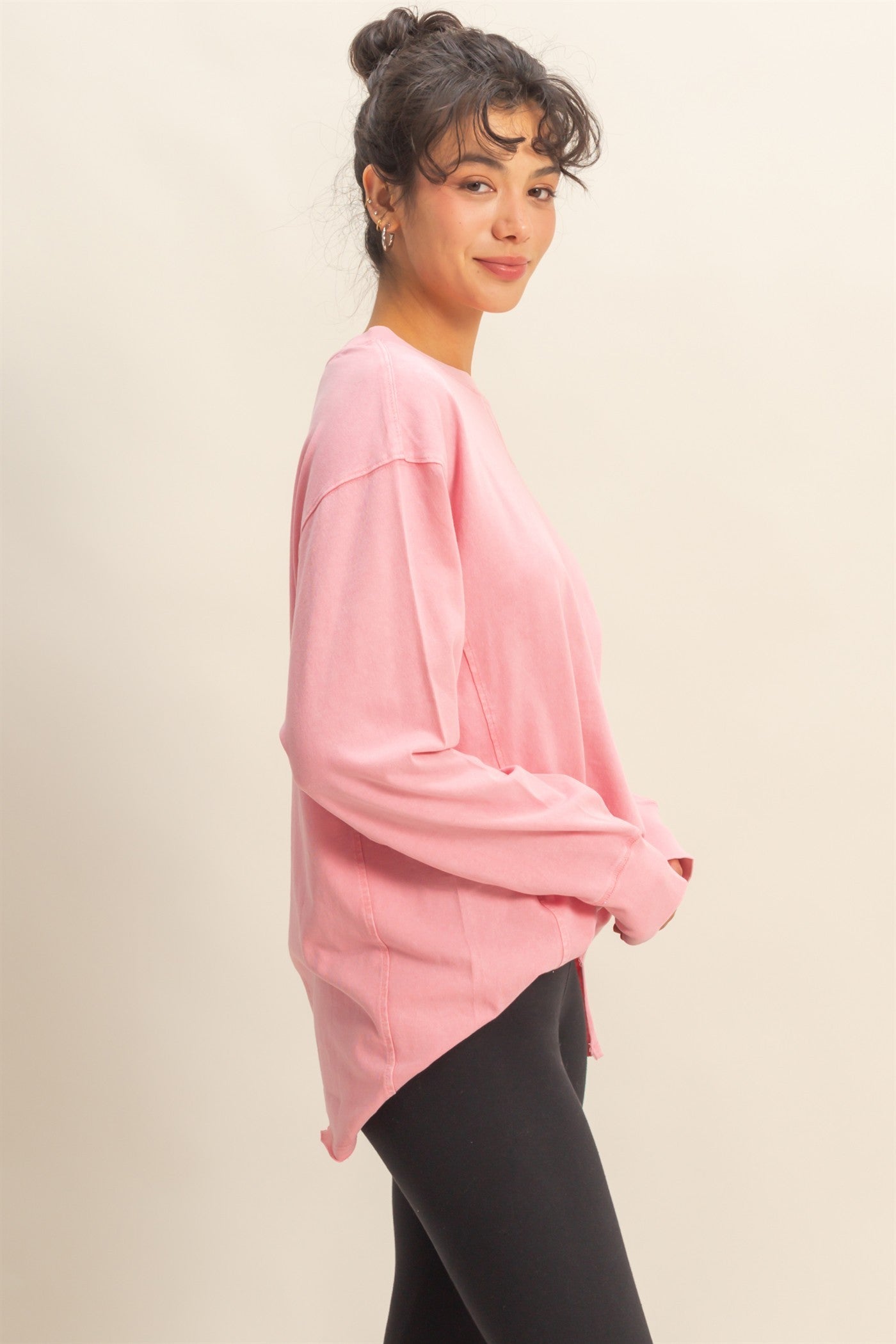 Pink Mineral Washed Drop Shoulder Long Sleeve Top