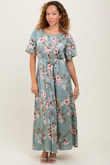 Light Olive Floral Flutter Sleeve Maternity Maxi Dress