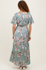 Light Olive Floral Flutter Sleeve Maxi Dress