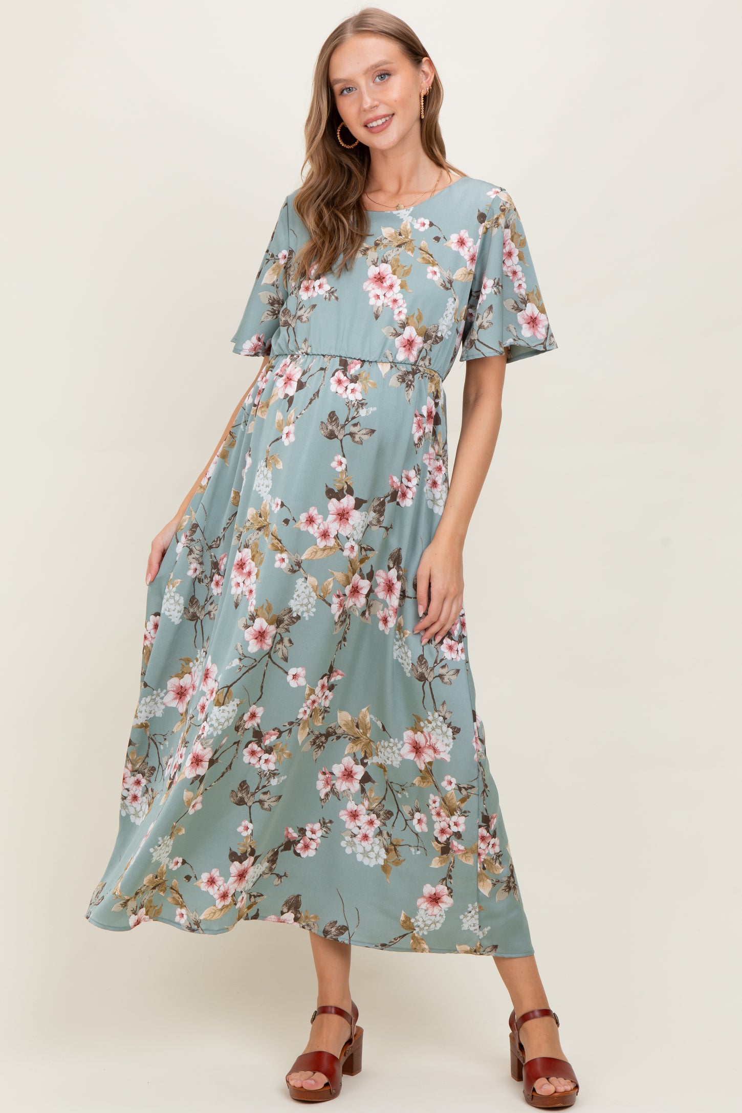 Light Olive Floral Flutter Sleeve Maternity Maxi Dress