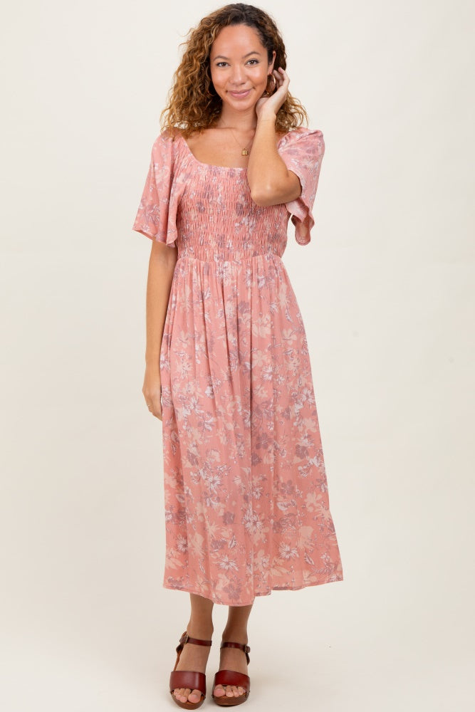 Pink Floral Smocked Maternity Midi Dress
