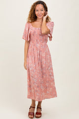 Pink Floral Smocked Maternity Midi Dress