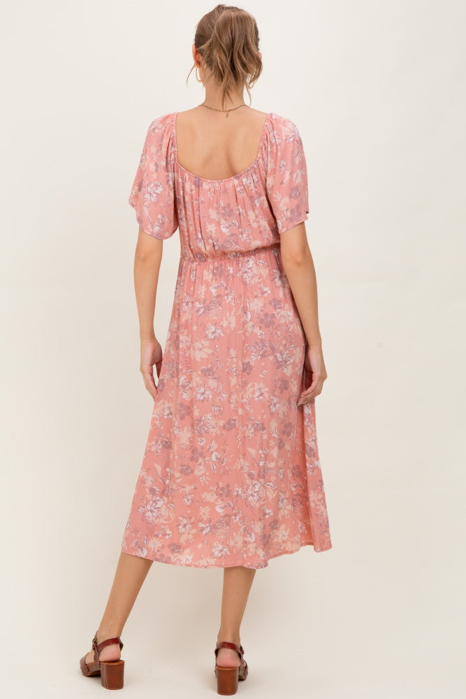 Pink Floral Smocked Maternity Midi Dress