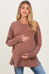 Camel Mineral Washed Drop Shoulder Long Sleeve Maternity Top