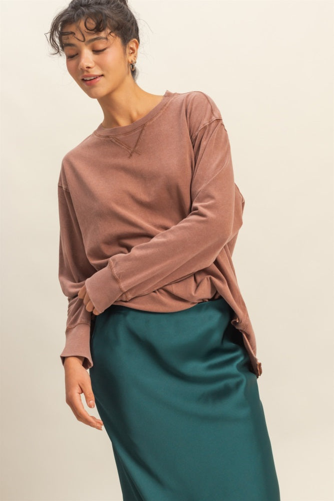 Camel Mineral Washed Drop Shoulder Long Sleeve Top