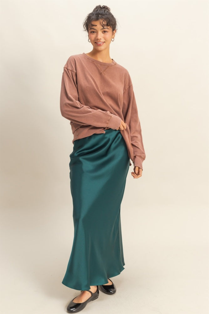 Camel Mineral Washed Drop Shoulder Long Sleeve Top