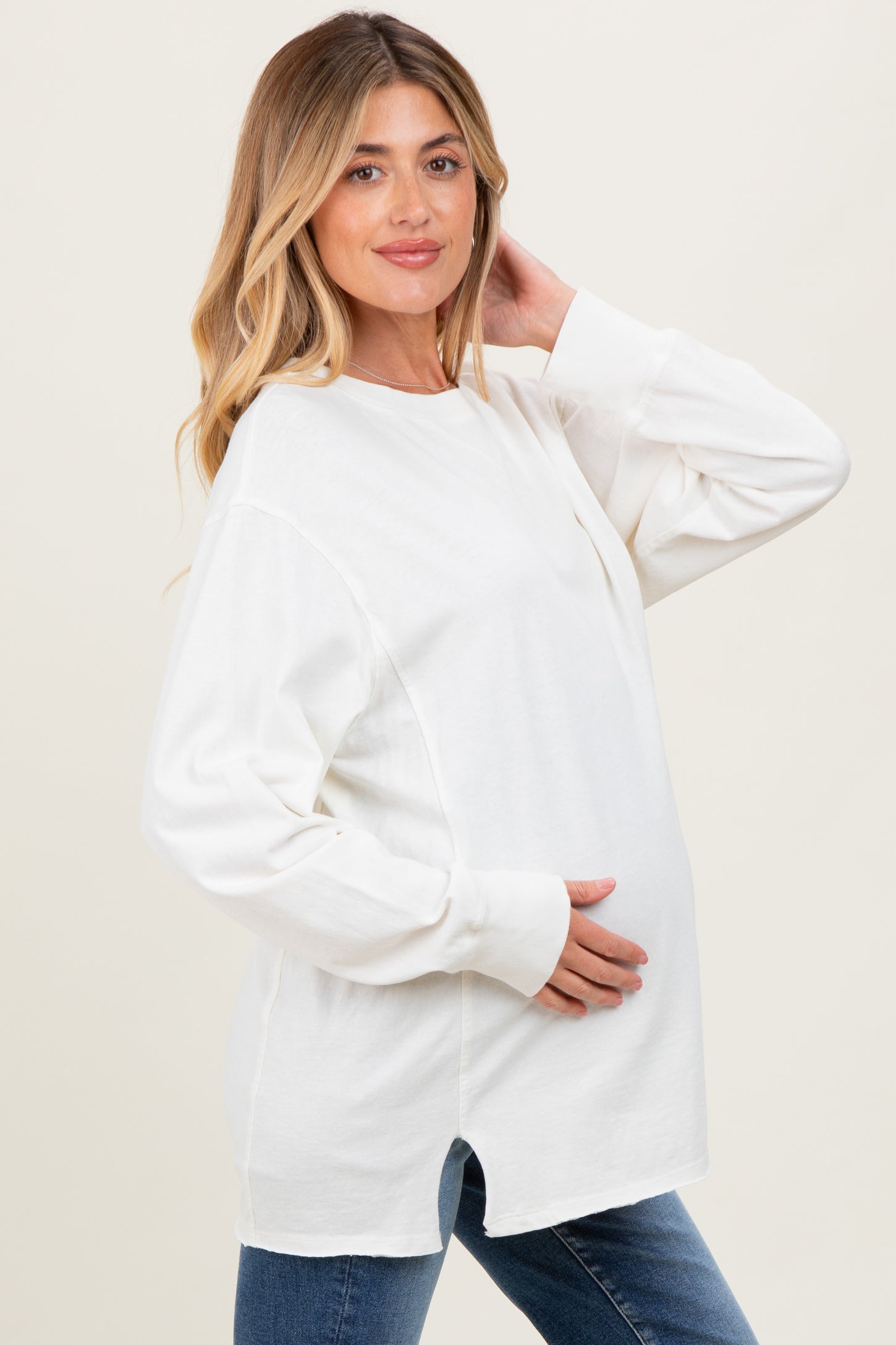 Cream Mineral Washed Drop Shoulder Long Sleeve Maternity Top