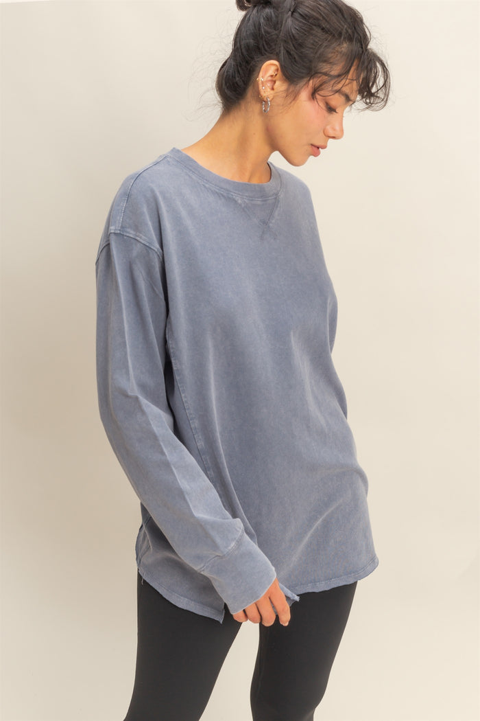Navy Mineral Washed Drop Shoulder Long Sleeve Maternity Top
