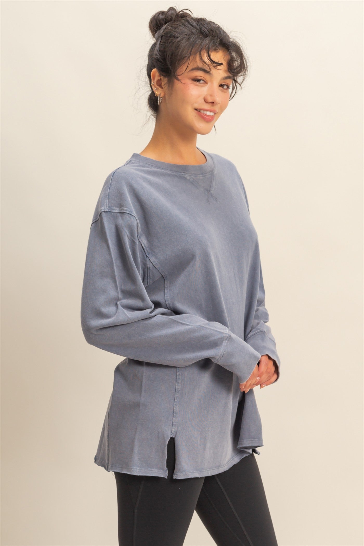 Navy Mineral Washed Drop Shoulder Long Sleeve Top