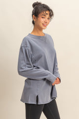 Navy Mineral Washed Drop Shoulder Long Sleeve Top