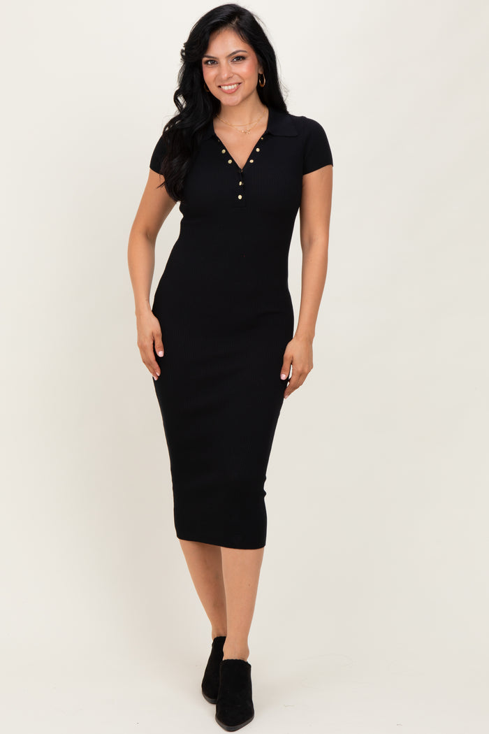 Black Ribbed Knit Maternity Midi Polo Dress