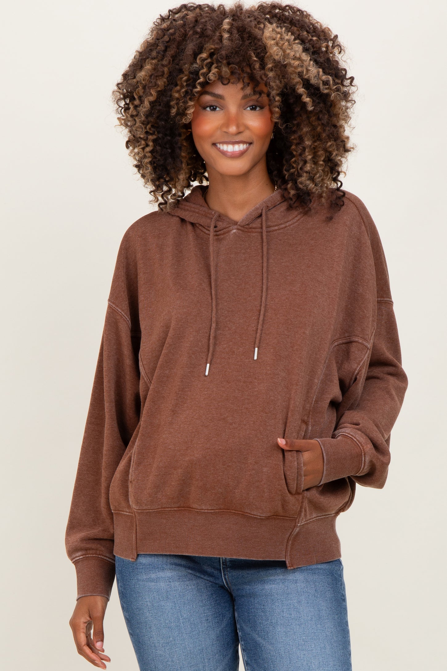 Camel Drop Shoulder Long Sleeve Oversized Maternity Hoodie