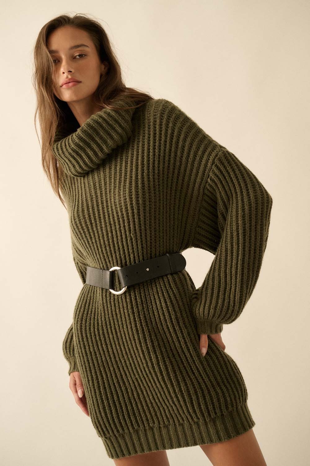 Olive Turtleneck Puff Sleeve Sweater Dress