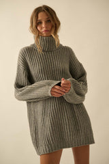 Grey Turtleneck Puff Sleeve Maternity Sweater Dress