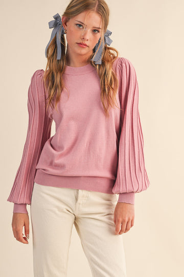 Pink Ribbed Bubble Sleeve Knit Top