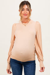 Beige Ribbed Bubble Sleeve Maternity Knit Top