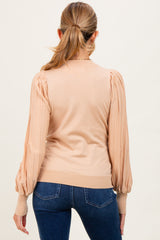 Beige Ribbed Bubble Sleeve Maternity Knit Top