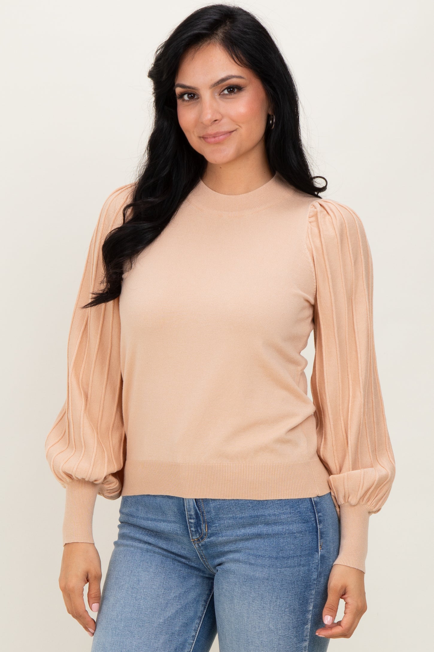 Beige Ribbed Bubble Sleeve Knit Top