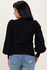 Black Ribbed Bubble Sleeve Knit Top